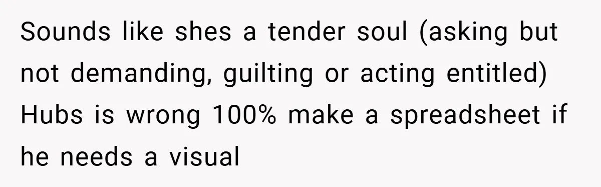 Sounds like shes a tender soul (asking but not demanding, guilting or acting entitled) Hubs is wrong 100% make a spreadsheet if he needs a visual