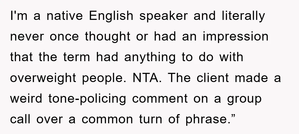 I'm a native English speaker and literally never once thought or had an impression that the term had anything to do with overweight people. NTA. The client made a weird...