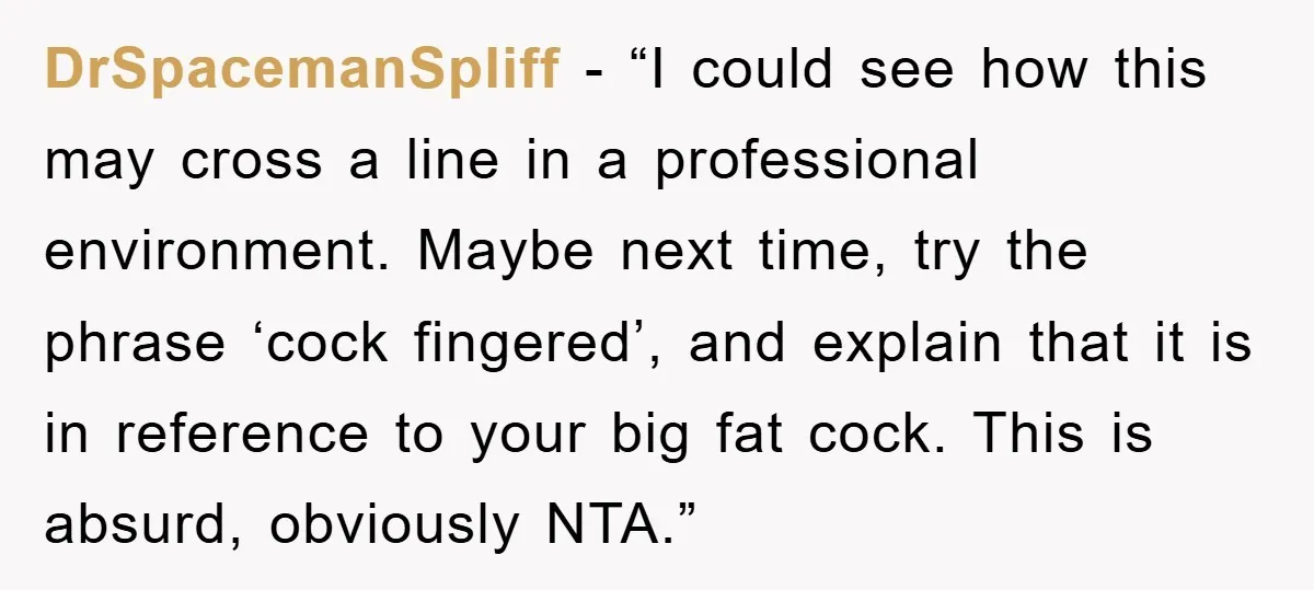 DrSpacemanSpliff - “I could see how this may cross a line in a professional environment. Maybe next time, try the phrase ‘cock fingered’, and explain that it is in reference...