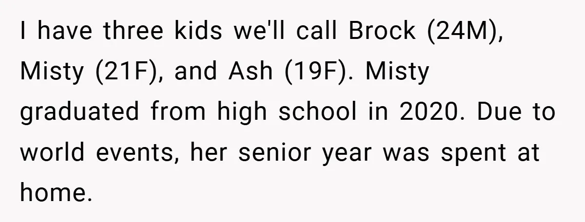 I have three kids we'll call Brock (24M), Misty (21F), and Ash (19F). Misty graduated from high school in 2020. Due to world events, her senior year was spent at...