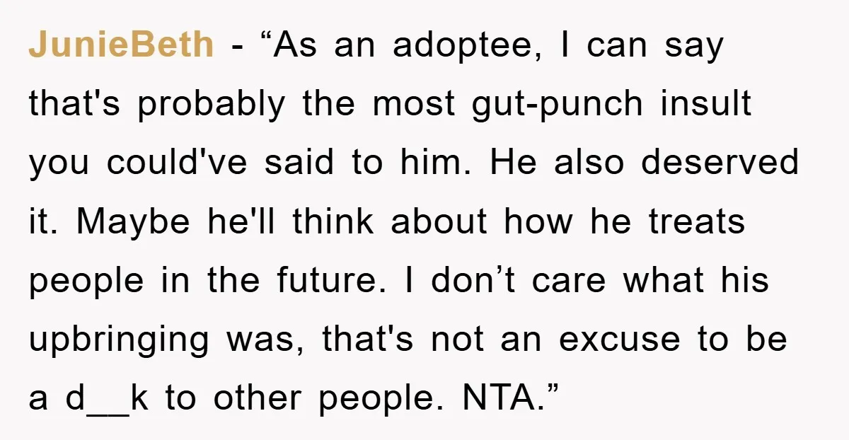 JunieBeth - “As an adoptee, I can say that's probably the most gut-punch insult you could've said to him. He also deserved it. Maybe he'll think about how he treats...