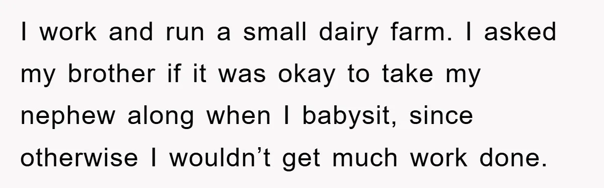 I work and run a small dairy farm. I asked my brother if it was okay to take my nephew along when I babysit, since otherwise I wouldn’t get much...