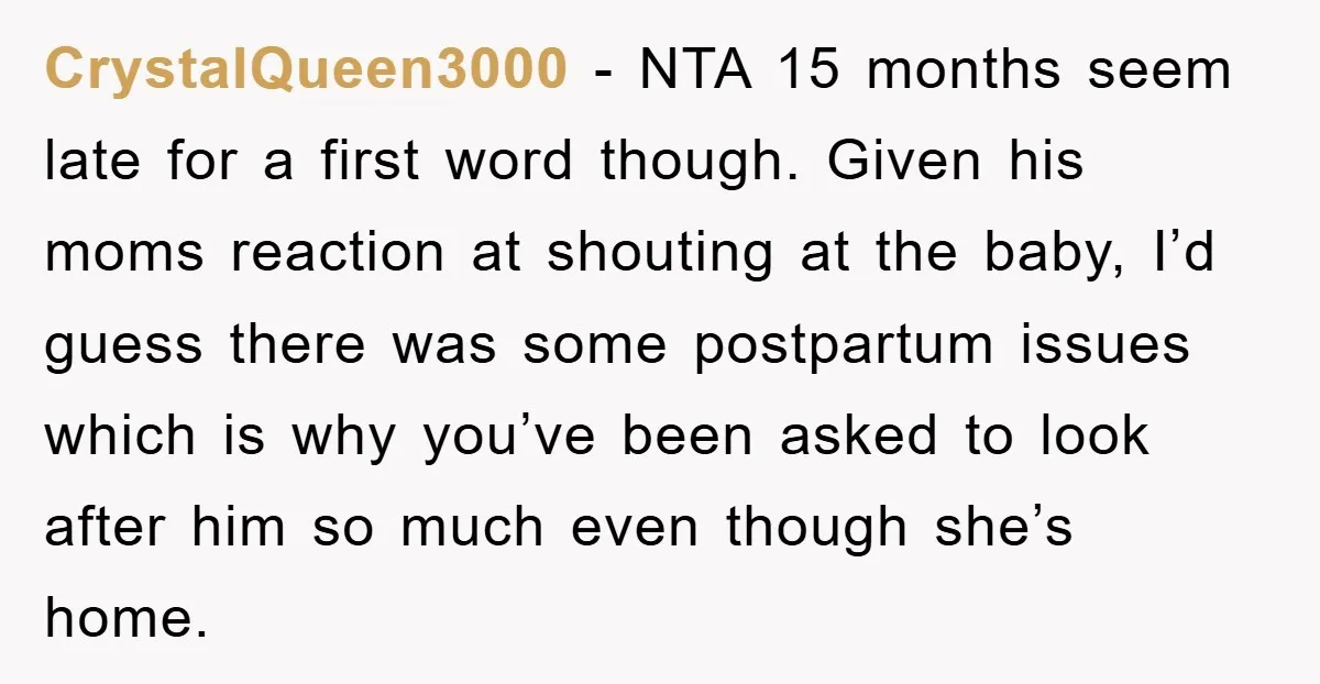 CrystalQueen3000 − NTA 15 months seem late for a first word though. Given his moms reaction at shouting at the baby, I’d guess there was some postpartum issues which is...