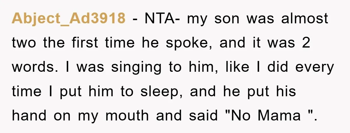 Abject_Ad3918 − NTA- my son was almost two the first time he spoke, and it was 2 words. I was singing to him, like I did every time I put...