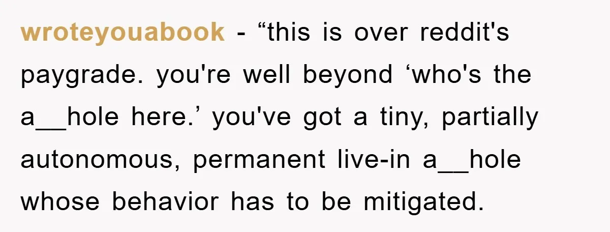 wroteyouabook - “this is over reddit's paygrade. you're well beyond ‘who's the a__hole here.’ you've got a tiny, partially autonomous, permanent live-in a__hole whose behavior has to be mitigated.