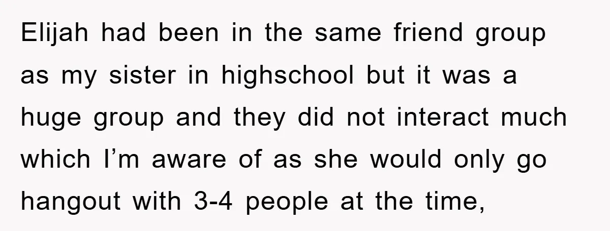 Elijah had been in the same friend group as my sister in highschool but it was a huge group and they did not interact much which I’m aware of as...