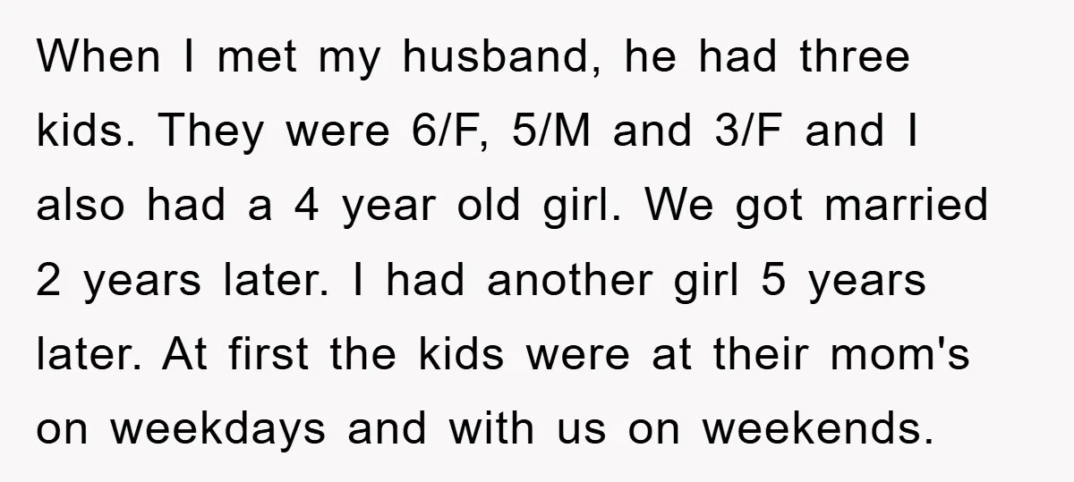 When I met my husband, he had three kids. They were 6/F, 5/M and 3/F and I also had a 4 year old girl. We got married 2 years later....