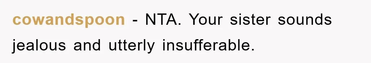 cowandspoon − NTA. Your sister sounds jealous and utterly insufferable.