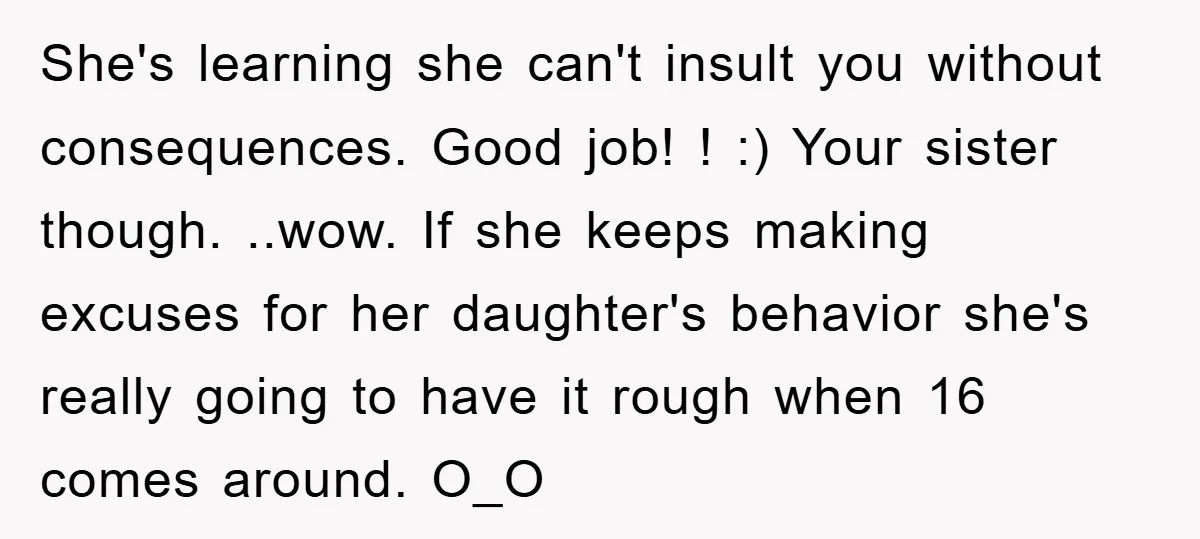She's learning she can't insult you without consequences. Good job! ! :) Your sister though. ..wow. If she keeps making excuses for her daughter's behavior she's really going to have...