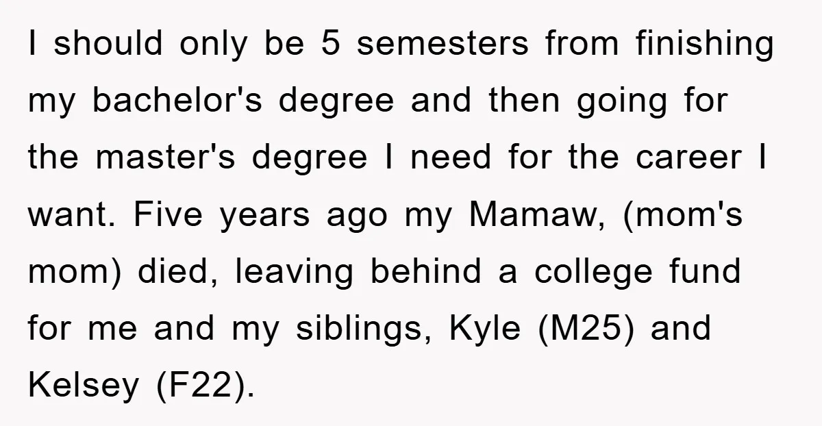 I should only be 5 semesters from finishing my bachelor's degree and then going for the master's degree I need for the career I want. Five years ago my Mamaw,...