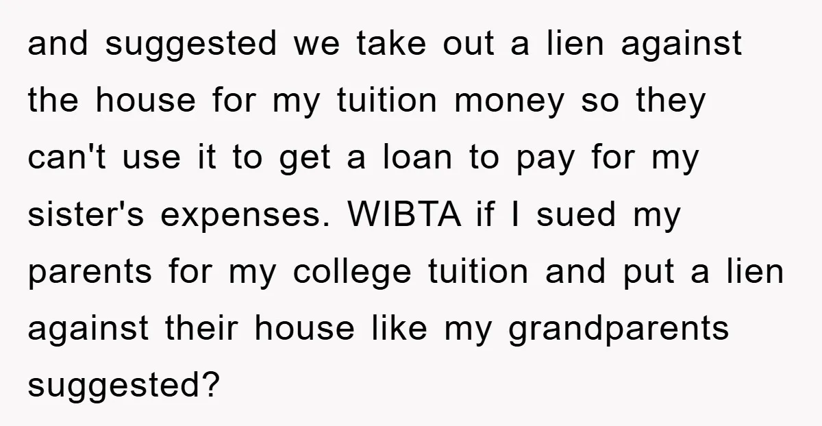 and suggested we take out a lien against the house for my tuition money so they can't use it to get a loan to pay for my sister's expenses. WIBTA...