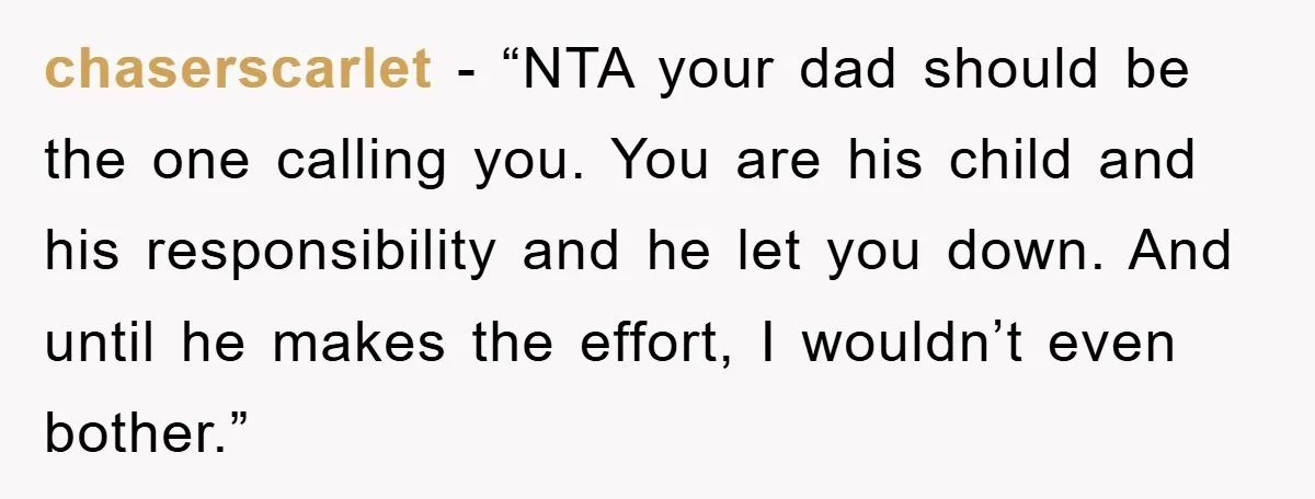 chaserscarlet - “NTA your dad should be the one calling you. You are his child and his responsibility and he let you down. And until he makes the effort, I...