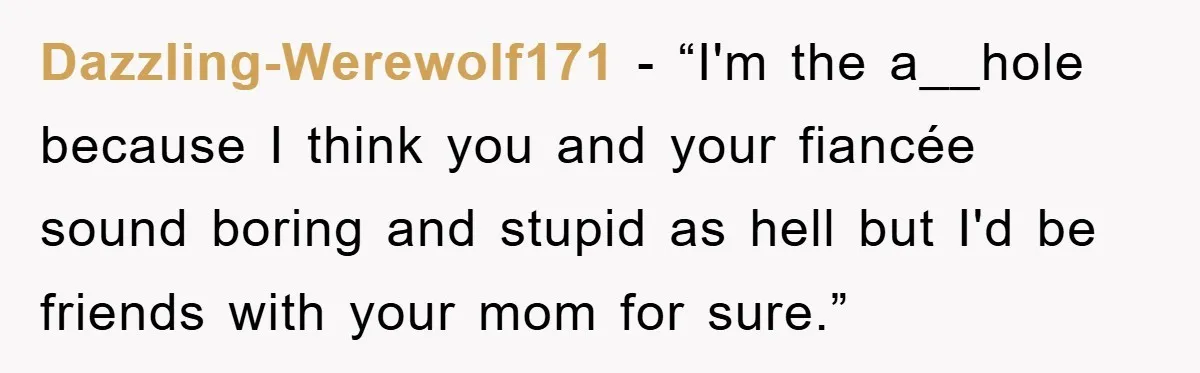 Dazzling-Werewolf171 - “I'm the a__hole because I think you and your fiancée sound boring and stupid as hell but I'd be friends with your mom for sure.”