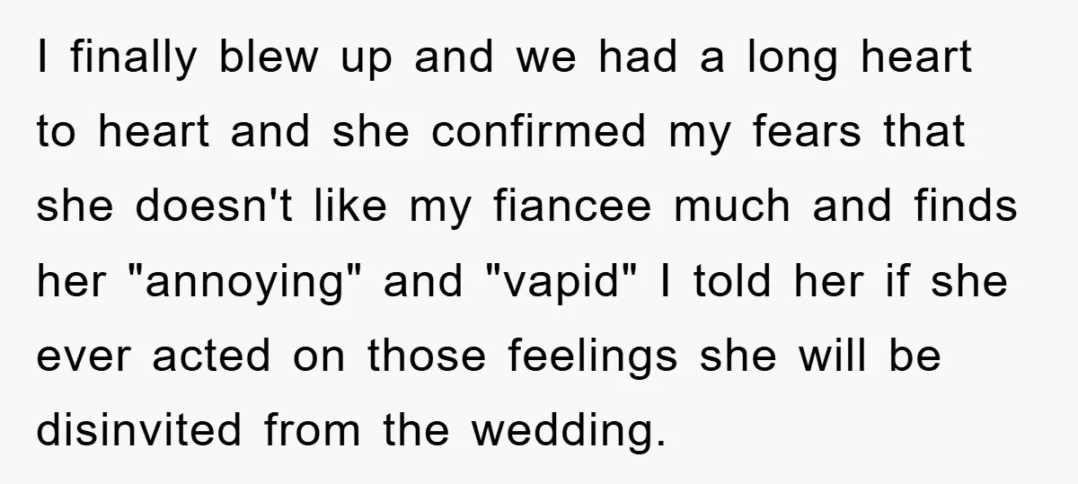 I finally blew up and we had a long heart to heart and she confirmed my fears that she doesn't like my fiancee much and finds her "annoying" and "vapid"...