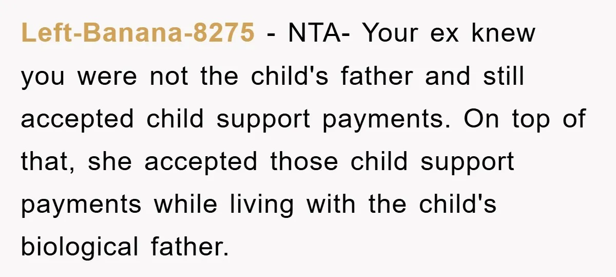 Left-Banana-8275 − NTA- Your ex knew you were not the child's father and still accepted child support payments. On top of that, she accepted those child support payments while living...