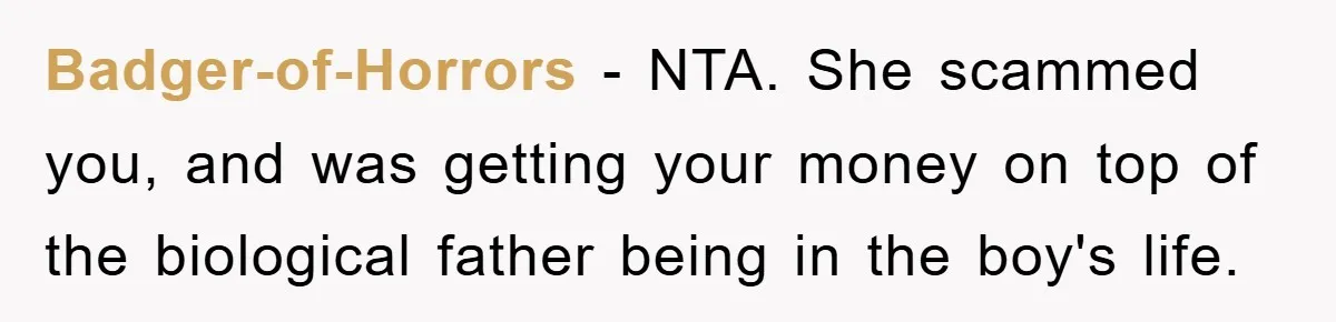 Badger-of-Horrors − NTA. She scammed you, and was getting your money on top of the biological father being in the boy's life.