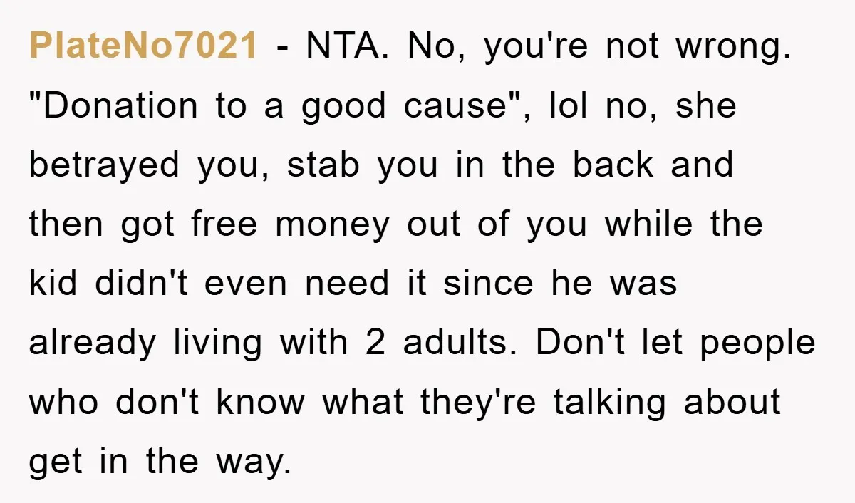 PlateNo7021 − NTA. No, you're not wrong. "Donation to a good cause", lol no, she betrayed you, stab you in the back and then got free money out of you...