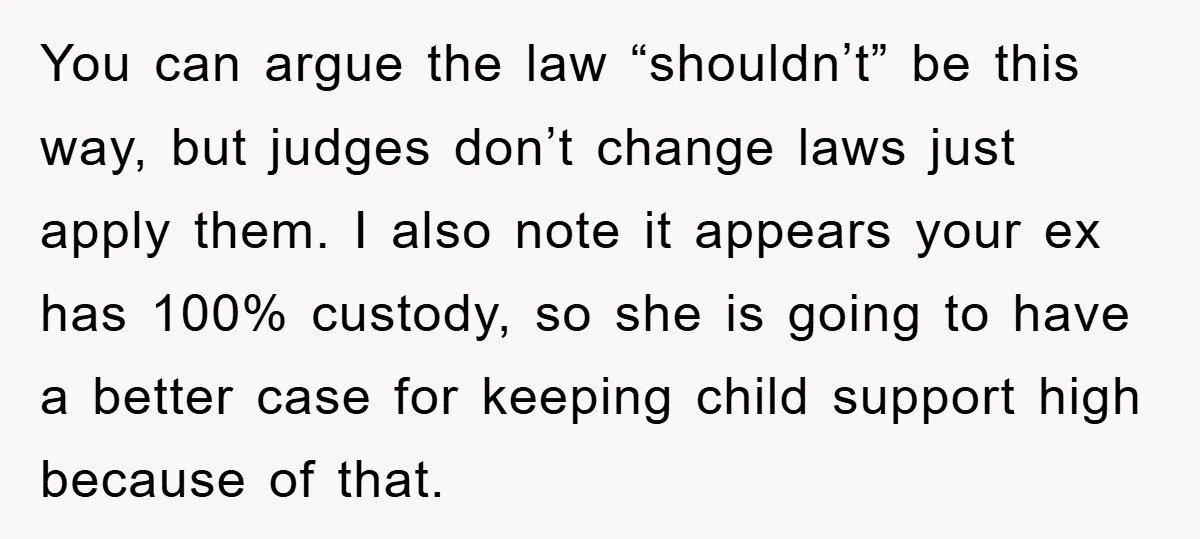 You can argue the law “shouldn’t” be this way, but judges don’t change laws just apply them. I also note it appears your ex has 100% custody, so she is...