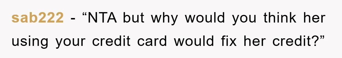 sab222 - “NTA but why would you think her using your credit card would fix her credit?”
