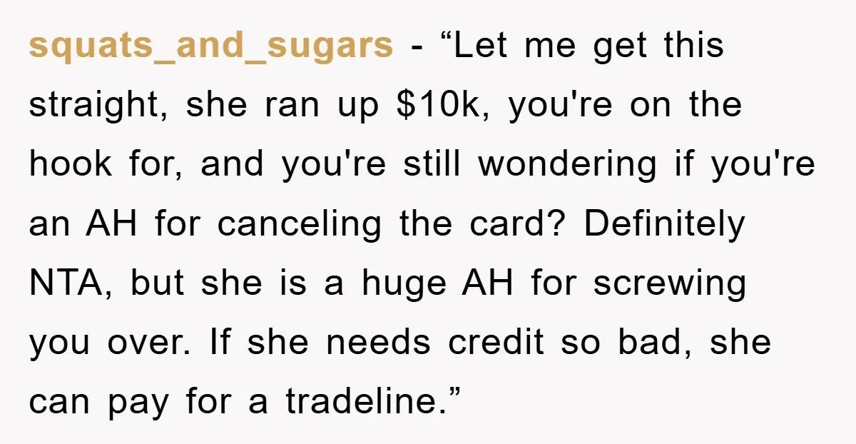 squats_and_sugars - “Let me get this straight, she ran up $10k, you're on the hook for, and you're still wondering if you're an AH for canceling the card? Definitely NTA,...