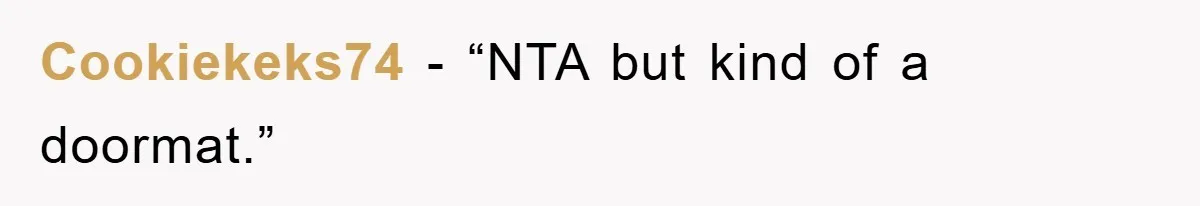 Cookiekeks74 - “NTA but kind of a doormat.”