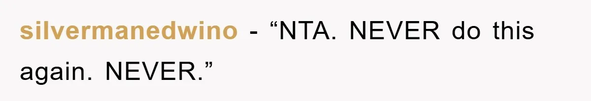silvermanedwino - “NTA. NEVER do this again. NEVER.”
