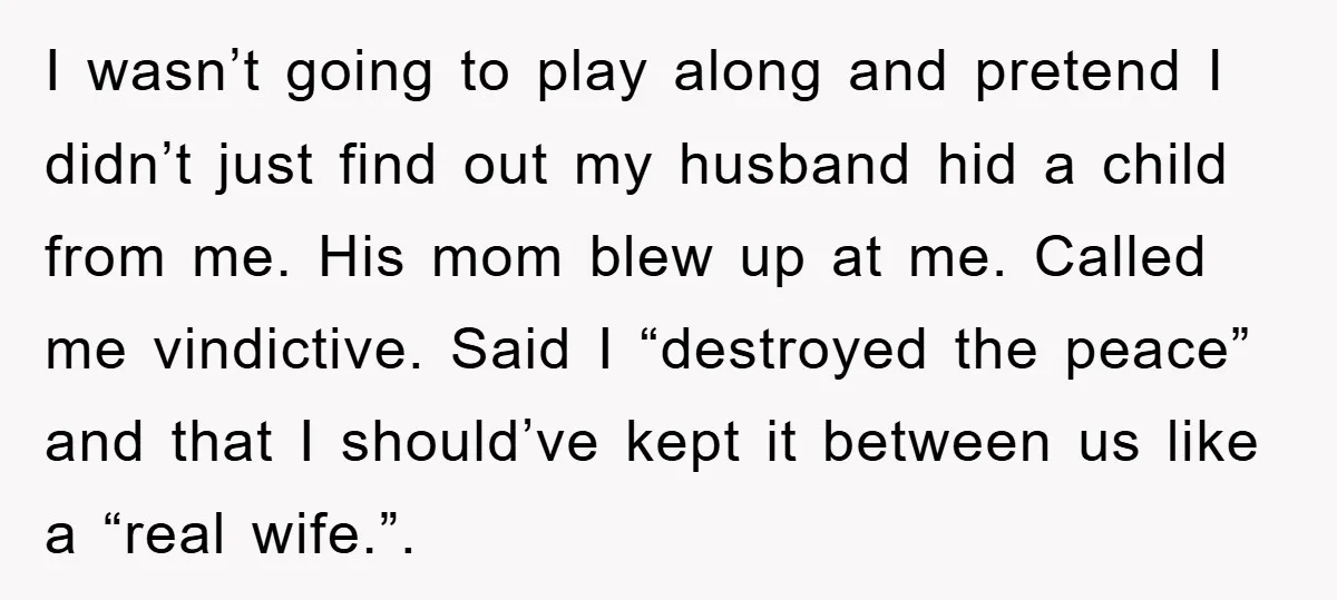 I wasn’t going to play along and pretend I didn’t just find out my husband hid a child from me. His mom blew up at me. Called me vindictive. Said...