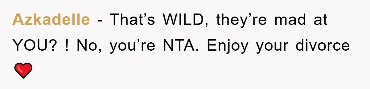 Azkadelle − That’s WILD, they’re mad at YOU? ! No, you’re NTA. Enjoy your divorce ❤️