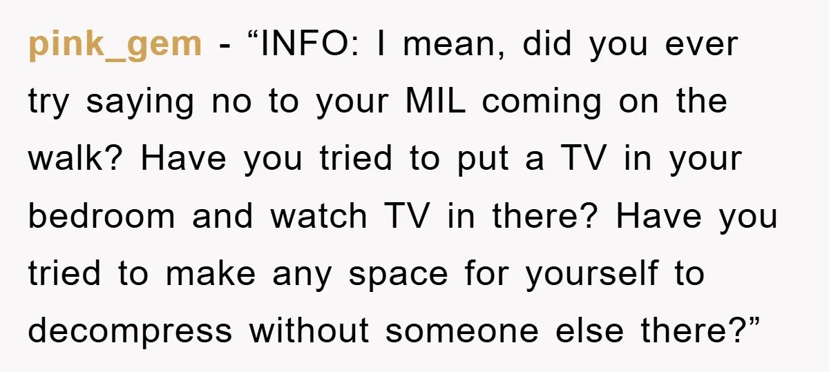 pink_gem - “INFO: I mean, did you ever try saying no to your MIL coming on the walk? Have you tried to put a TV in your bedroom and watch...