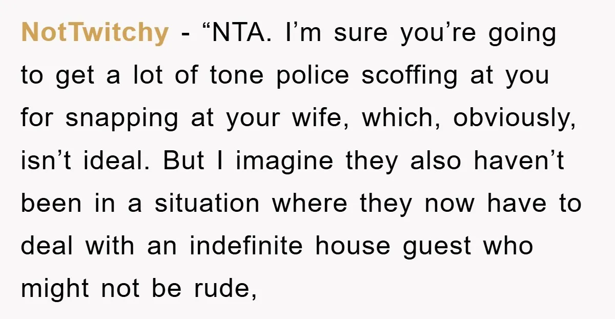 NotTwitchy - “NTA. I’m sure you’re going to get a lot of tone police scoffing at you for snapping at your wife, which, obviously, isn’t ideal. But I imagine they...