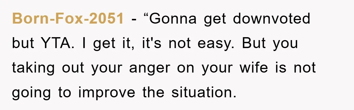 Born-Fox-2051 - “Gonna get downvoted but YTA. I get it, it's not easy. But you taking out your anger on your wife is not going to improve the situation.
