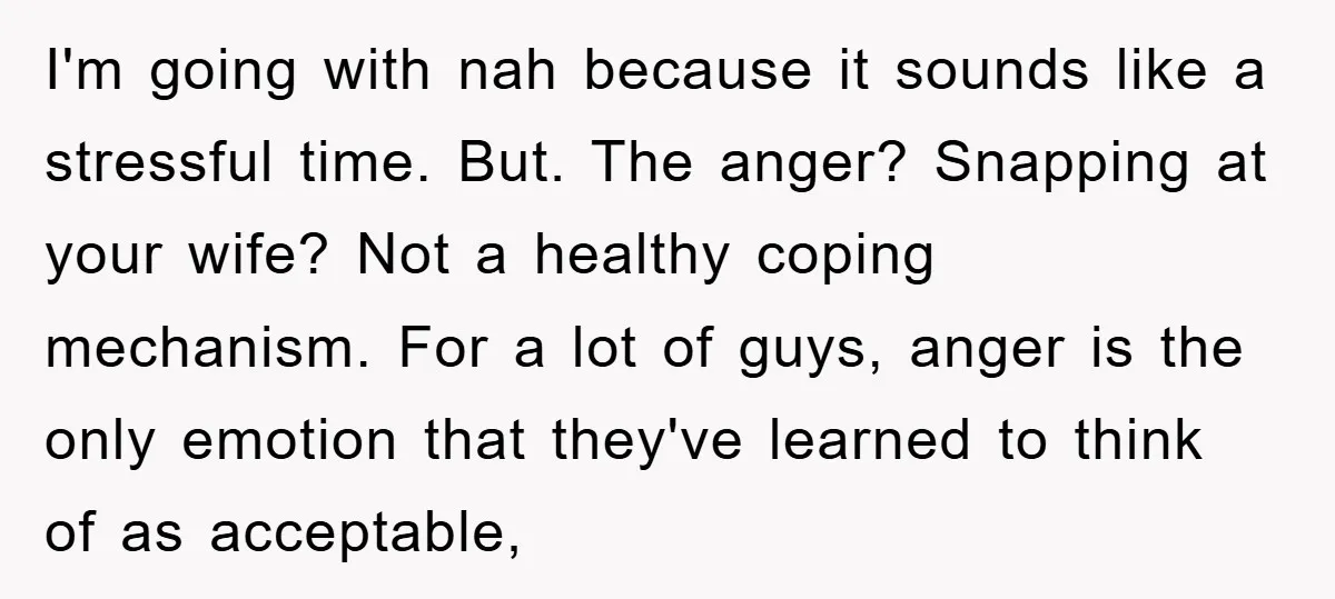 I'm going with nah because it sounds like a stressful time. But. The anger? Snapping at your wife? Not a healthy coping mechanism. For a lot of guys, anger is...