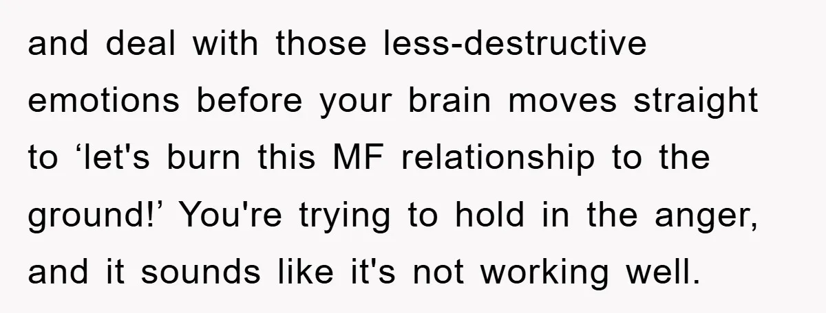 and deal with those less-destructive emotions before your brain moves straight to ‘let's burn this MF relationship to the ground!’ You're trying to hold in the anger, and it sounds...
