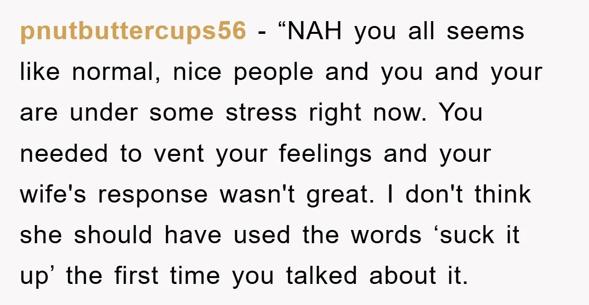 pnutbuttercups56 - “NAH you all seems like normal, nice people and you and your are under some stress right now. You needed to vent your feelings and your wife's response...