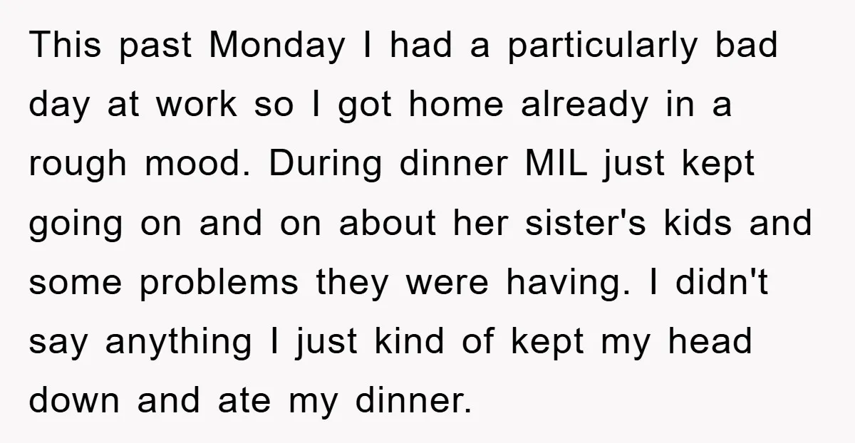 This past Monday I had a particularly bad day at work so I got home already in a rough mood. During dinner MIL just kept going on and on about...