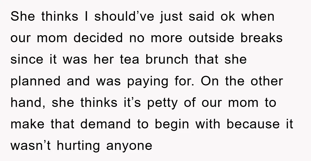 She thinks I should’ve just said ok when our mom decided no more outside breaks since it was her tea brunch that she planned and was paying for. On the...