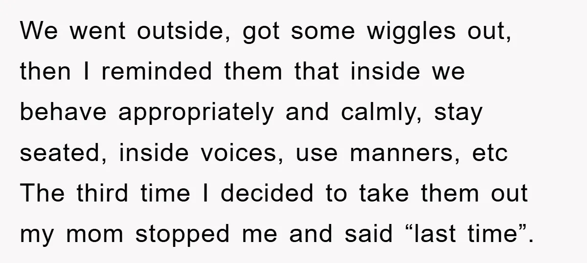 We went outside, got some wiggles out, then I reminded them that inside we behave appropriately and calmly, stay seated, inside voices, use manners, etc The third time I decided...