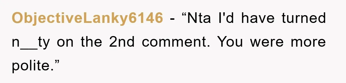 ObjectiveLanky6146 - “Nta I'd have turned n__ty on the 2nd comment. You were more polite.”