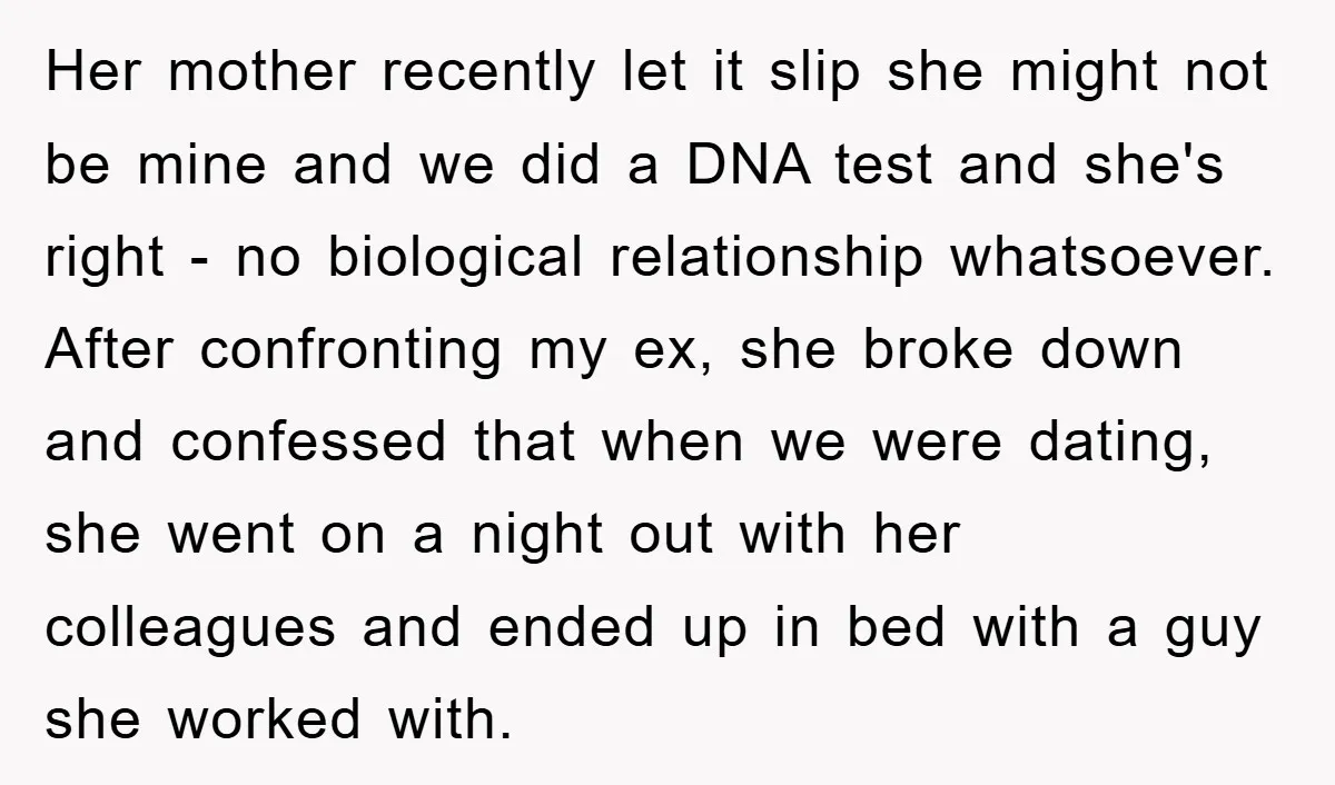 Her mother recently let it slip she might not be mine and we did a DNA test and she's right - no biological relationship whatsoever. After confronting my ex, she...