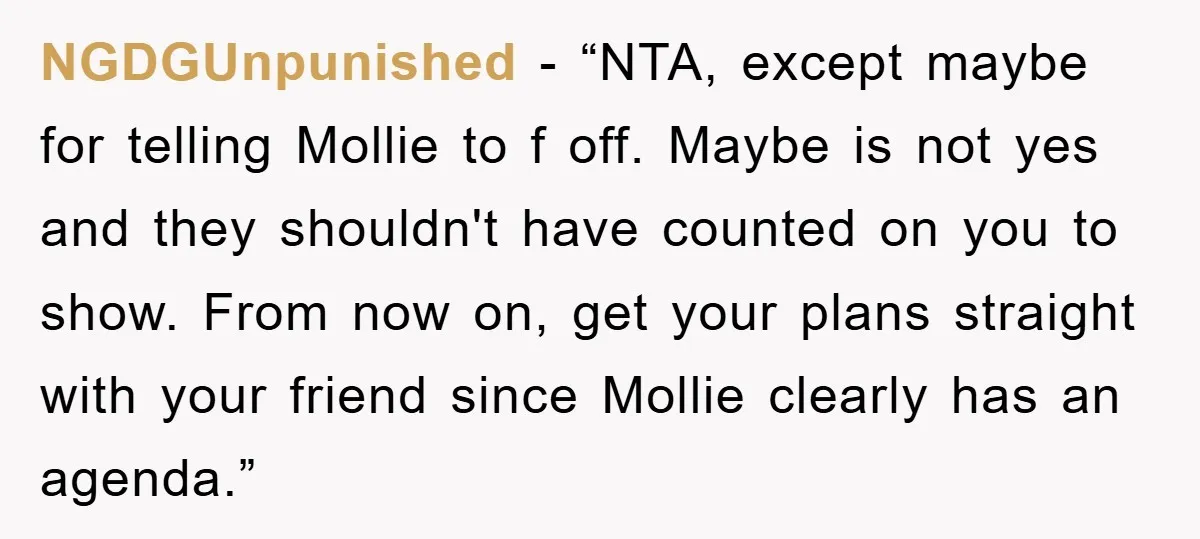 NGDGUnpunished - “NTA, except maybe for telling Mollie to f off. Maybe is not yes and they shouldn't have counted on you to show. From now on, get your plans...