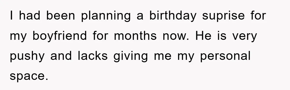 I had been planning a birthday suprise for my boyfriend for months now. He is very pushy and lacks giving me my personal space.