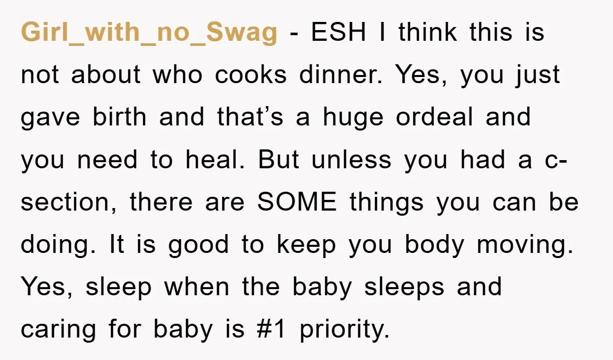 Girl_with_no_Swag − ESH I think this is not about who cooks dinner. Yes, you just gave birth and that’s a huge ordeal and you need to heal. But unless you...