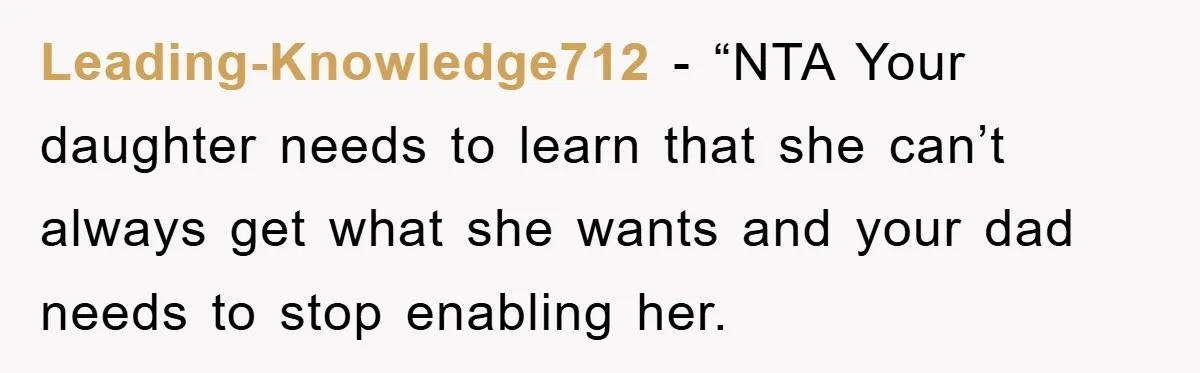 Leading-Knowledge712 - “NTA Your daughter needs to learn that she can’t always get what she wants and your dad needs to stop enabling her.