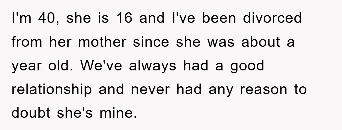I'm 40, she is 16 and I've been divorced from her mother since she was about a year old. We've always had a good relationship and never had any reason...