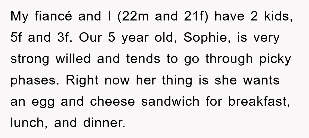 My fiancé and I (22m and 21f) have 2 kids, 5f and 3f. Our 5 year old, Sophie, is very strong willed and tends to go through picky phases. Right...