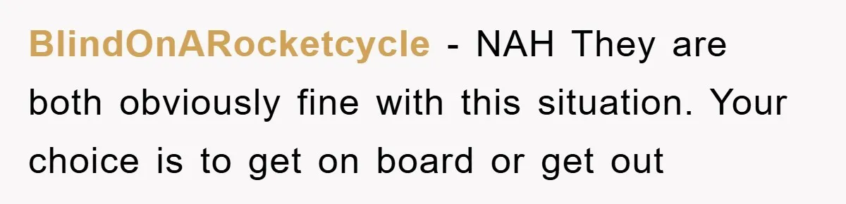 BlindOnARocketcycle − NAH They are both obviously fine with this situation. Your choice is to get on board or get out