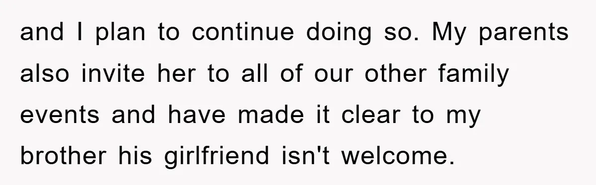 and I plan to continue doing so. My parents also invite her to all of our other family events and have made it clear to my brother his girlfriend isn't...