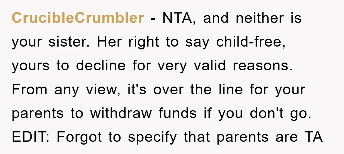 CrucibleCrumbler − NTA, and neither is your sister. Her right to say child-free, yours to decline for very valid reasons. From any view, it's over the line for your parents...