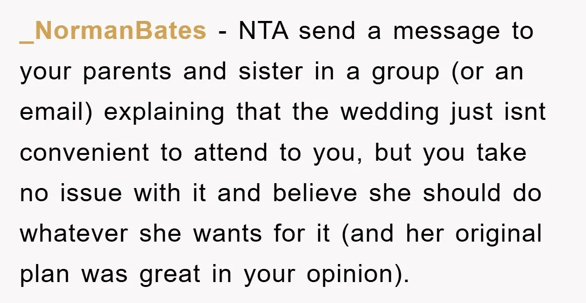 _NormanBates − NTA send a message to your parents and sister in a group (or an email) explaining that the wedding just isnt convenient to attend to you, but you...