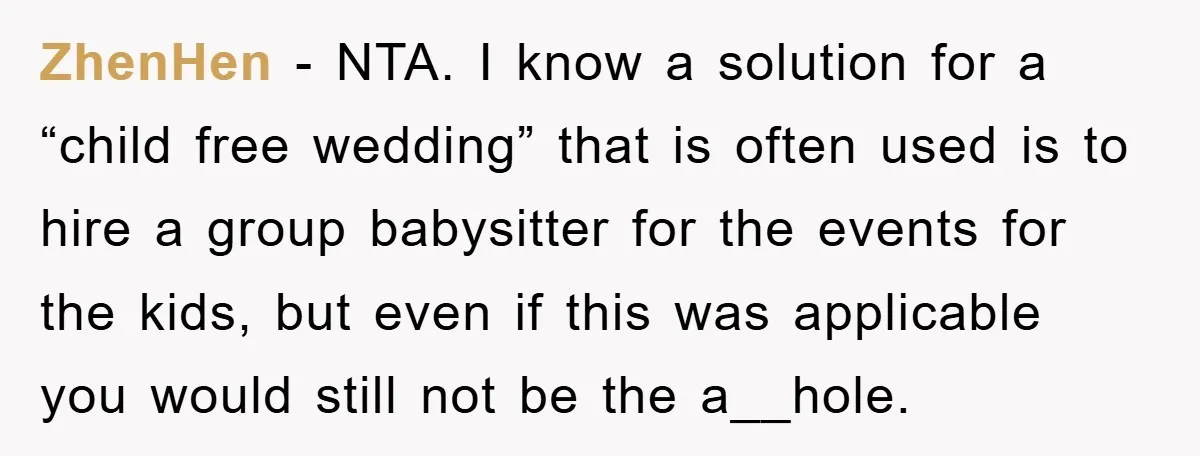 ZhenHen − NTA. I know a solution for a “child free wedding” that is often used is to hire a group babysitter for the events for the kids, but even...
